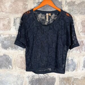 Eye Shadow Black Floral Lace Sheer Short Sleeve Top Size Small Coquette Gothic